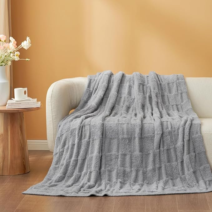 Snuggle Sac Faux Fur Checkered Blanket Twin Size with Soft Knitted Microfiber Fabric,Cozy Soft Warm Blanket for Sofa Bedroom Living Room,Solid Light Grey,60x80 inches