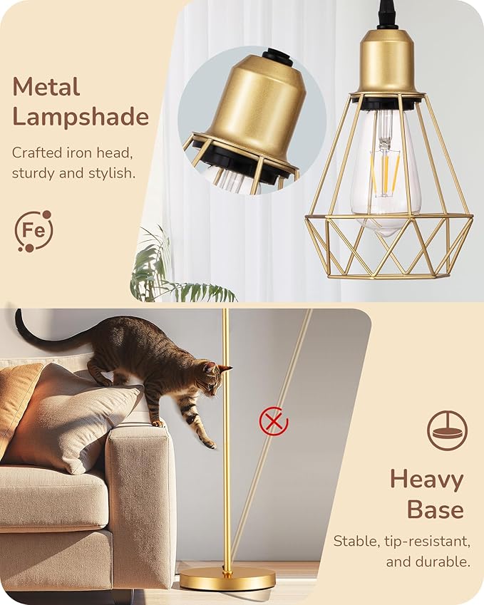 EDISHINE 70'' Dimmable Industrial Floor Lamp, Farmhouse Standing Lamps Diamond-Shaped Lampshade, 3 LED Edison Bulbs Included, Farmhouse Rustic Floor Lamps for Living Room, Bedroom, Office, Gold