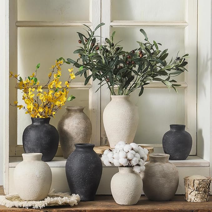 Ceramic Flower Vase Home Decor - Large Farmhouse Table Vases Rustic Vintage Living Room Kitchen Bedroom Decorations for House Book Shelf Office Coffee Desk Dining Fireplace (9" Retro)