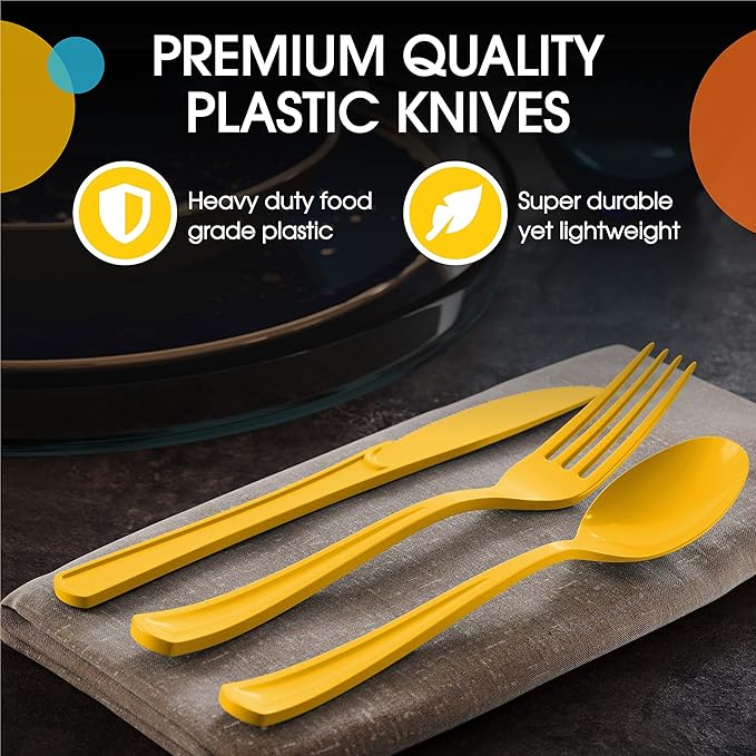 Party Solids Yellow Plastic Knives 200 Pcs Yellow Knives Disposable Utensils Heavy Duty Plastic Cutlery Set Disposable Cutlery Sets Flatware Sets Silverware Set Party Supplies & Party Tableware