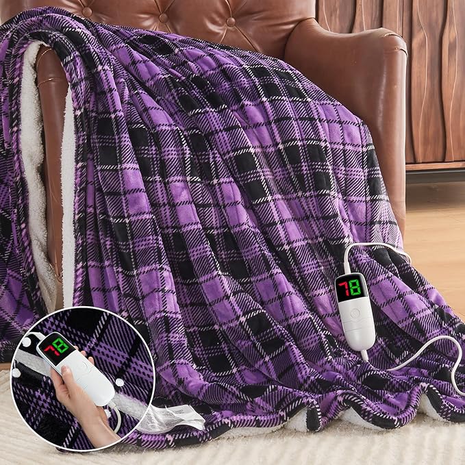 Heated Blanket Electric Full Size 72X84, Heating Throw with 10 Heating Levels & 8 Hours Auto Off, Checkered Plaid Sherpa Blanket Warmer for Adults, Fast Heat and Washable, ETL & FCC, in Purple