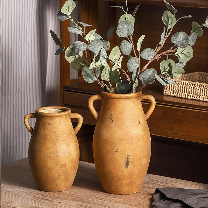 Ceramic Rustic Vase with 2 Handles, 9.05 inch Farmhouse Flower Vase, Pottery Flower Vase for Home Decor, Living Room Shelf Decor, Enterway, Table