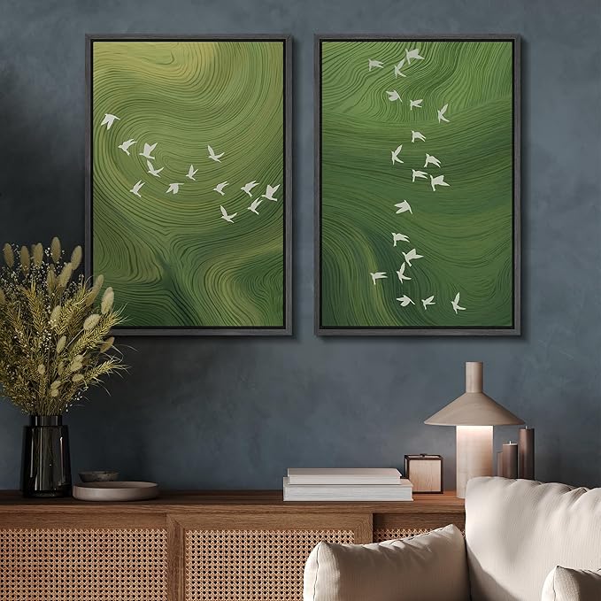 SIGNFORD Framed Canvas Print Wall Art Set Green Swirl Abstract White Birds Illustration Modern Art Decorative Nordic Nature for Living Room, Bedroom, Office - 16"x24"x2 Black