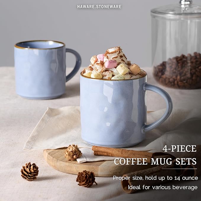 HaWare 14OZ Coffee Mugs Set of 4, Stoneware Coffee Cups with Handle, Latte Mug for Man, Woman, Dad, Mom, Modern Tea Mugs for Latte/Cappuccino/Cocoa/Milk, Dishwasher& Microwave Safe, Reactive Blue
