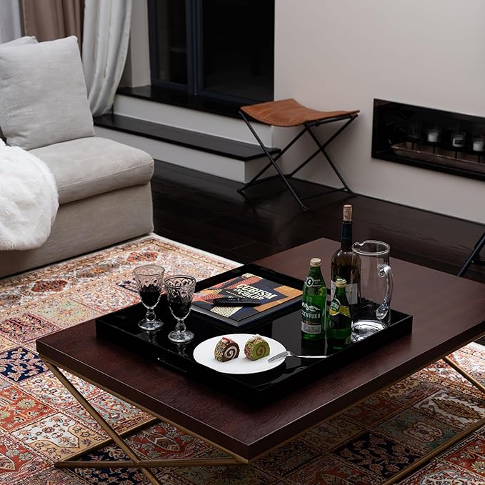 Clear Oversize Acrylic Serving Tray with Handles 24x24 Inch -Spill Proof- Decorative Trays Countertop Organizer for Ottoman,Nightstand, Sidetable, Butler (Glossy Black)