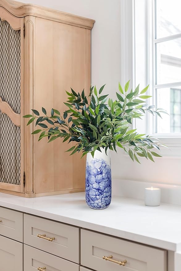 Blue and White Chinoiserie Vase - 11.8" Porcelain Flower Vase for Centerpieces and Dining Table Decor