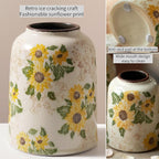 Levvohd Vintage Ceramic Vase, 7.9 Inch Chinoiserie Sunflower Yellow Floral Vases, Retro Ice Cracked Rustic Antique Flower Vases for Modern Coffee Table Home Decor (Medium Cylinder)