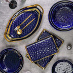 Stone Lain Florian Porcelain Large and Medium Oval Platters with Handle, Service Set, Blue with Gold Rim