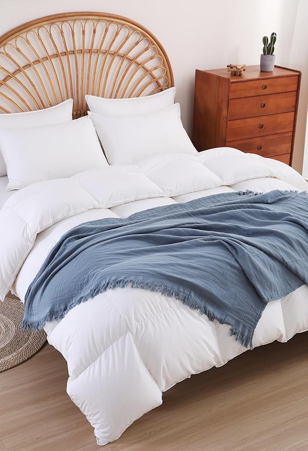 100% Cotton Muslin Throw Blanket for Bed, Couch, Small, Decorative, Soft, Pre-Washed, Breathable and Lightweight Gauze Blanket with Tassels, Suitable for All Seasons, Grey Blue, 50"x60"