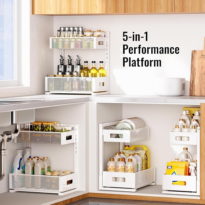 Full Metal Under Sink Organizer, Pull Out Cabinet Organizers and Storage, Silk-Smooth Sliding Drawer for Kitchen, Bathroom, Pantry, Cabinet, Closet (White, 2 Pack)
