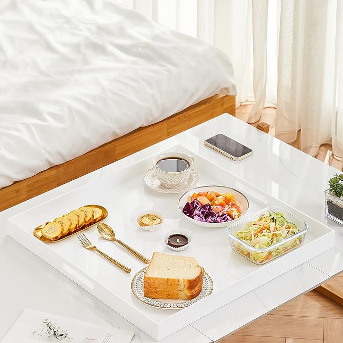 Oversize Extra Large King Size Bed Tray for eating Big Glossy White Acrylic Serving Tray with Handles 24x24 Inch -Spill Proof- Decorative Countertop Organizer for Ottoman,Bed,Party, Butler Tray