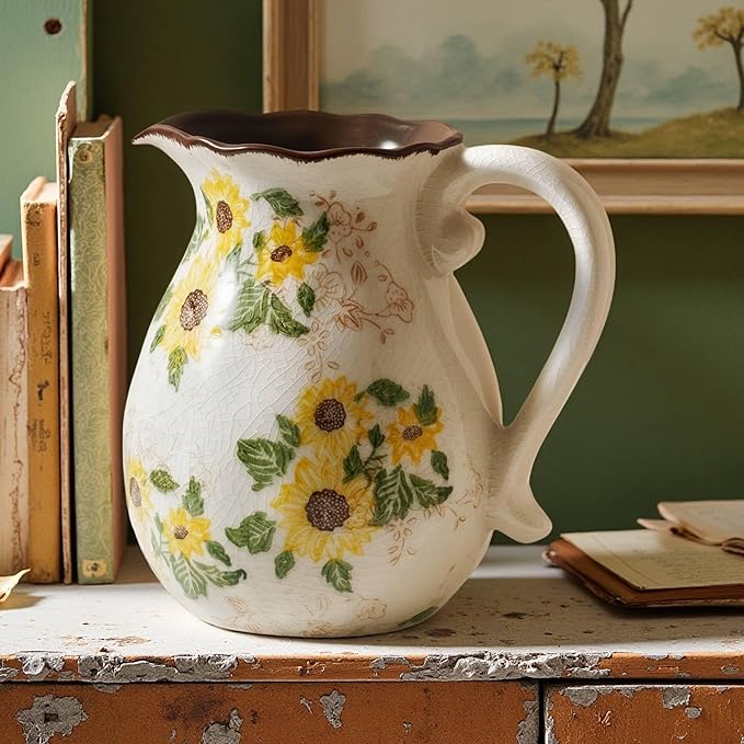 Levvohd Vintage Vase with Handle, 7.6 Inch Ceramic Pitcher Sunflower Floral Vase, Rustic Farmhouse Vases for Grandma Core Home Decor, Bookshelf Office Tuscan Decor (Large)