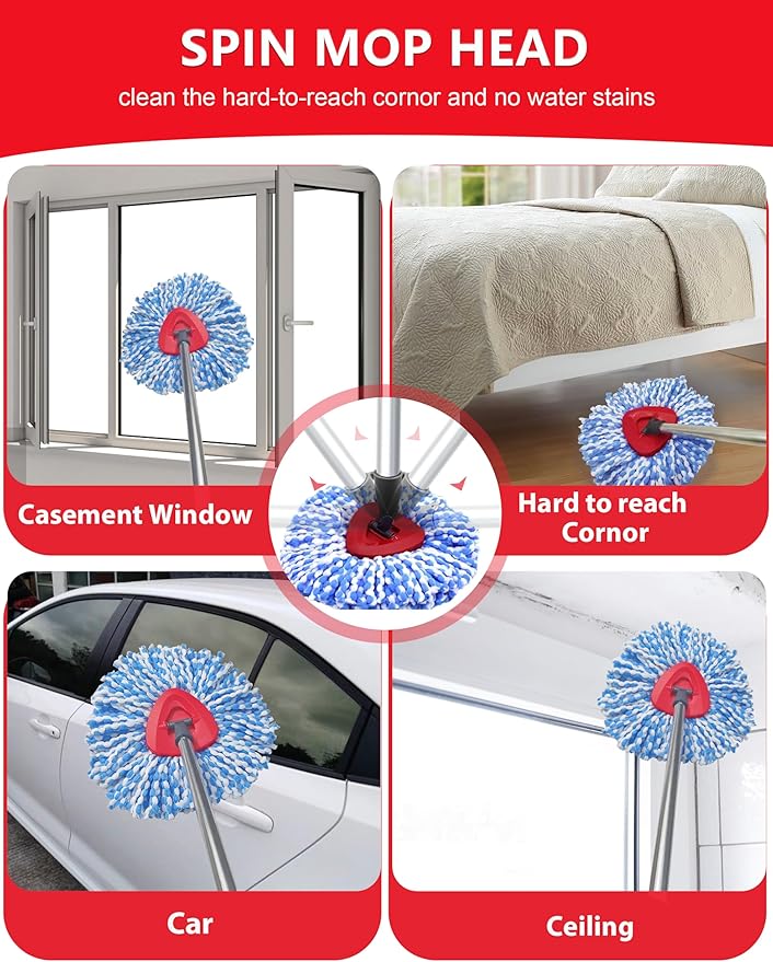 Small Spin Mop Replace Head Compatible with O-Cedar RinseClean 2 Tank, Mop Replacement Head Handle Base, 2 Microfiber Head Refills+1 Stick(30-58") +1 Base Combo Set (Blue)