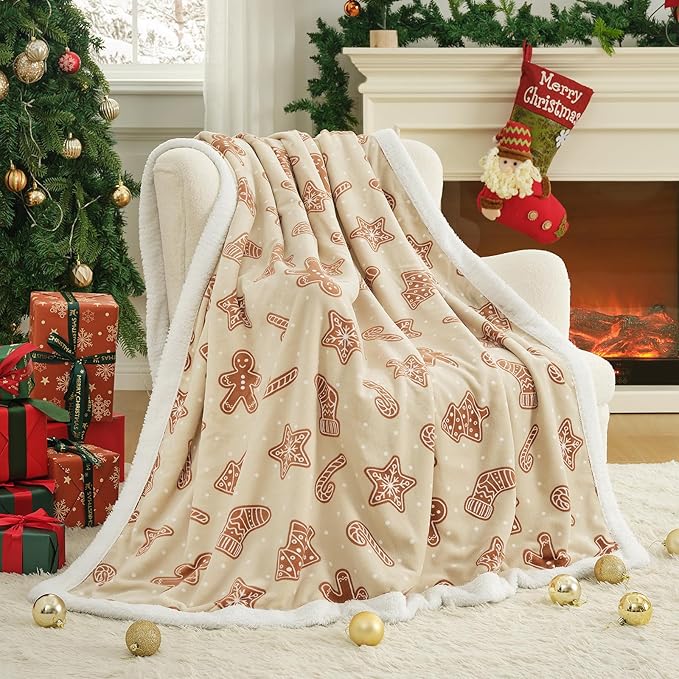 Cozy Bliss Luxury Sherpa Throw Blanket for Couch, Premium Reversible Thick Throw with Gingerbread & Candy Cane Design, Warm Cozy Soft Blanket for Home and Gifts (60 * 80)