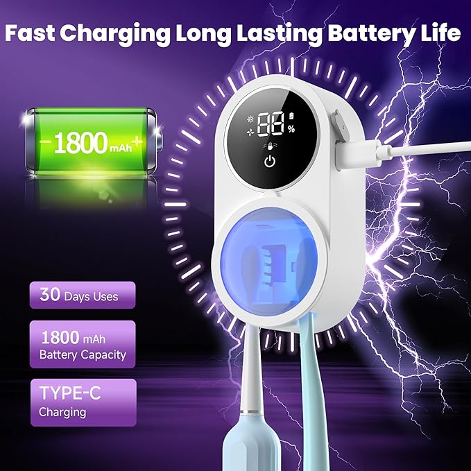 Toothbrush Holder and Cleaner Razor Holder/Dryer Light Cleaning and Air Drying Automatic Ratating Cover Rechargeable Wall Mounted for Bathroom Portable for Trip