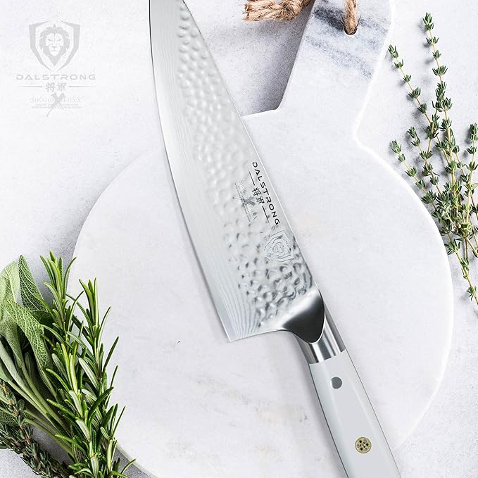 Dalstrong Chef Knife - 8 inch Blade - Shogun Series - Damascus - Japanese AUS-10V Super Steel Kitchen - Glacial White Handle ABS - Razor Sharp Chef's - Full Tang Cooking Knife - Sheath