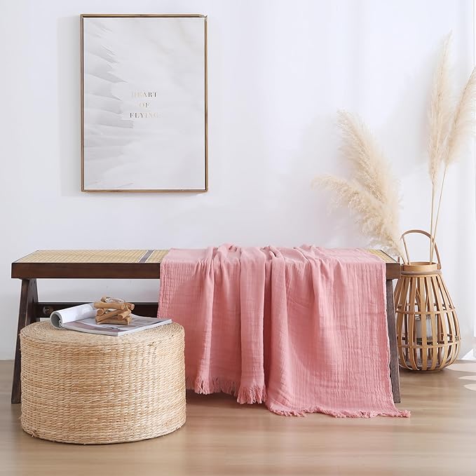 100% Cotton Muslin Throw Blanket for Bed, Couch, Small, Decorative, Soft, Pre-Washed, Breathable and Lightweight Gauze Blanket with Tassels, Suitable for All Seasons, Pink, 50"x60"