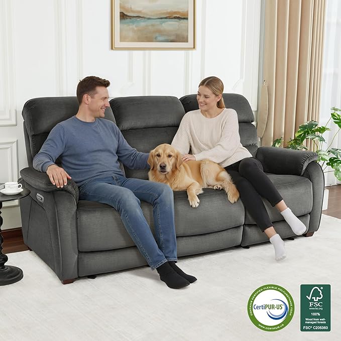 MCombo Wall Hugger Recliner Sofa with Drop Down Table, Power Reclining Sofa with Adjustable Headrest, USB A&C Charge Ports, Reading Lamp, Cup Holders, for Living Room, RVs (Fabric, ST258M3, Dark Grey)