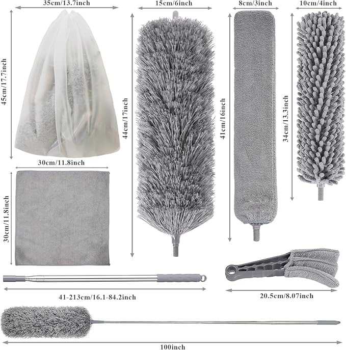 Dusters for Cleaning, 9 in 1 Kit 100” Feather Duster with Extension Pole, Retractable Bendable Washable, Cobweb Duster Chenille Gap Dust Brush Blind Duster for Cleaning High Ceiling Fans Furniture