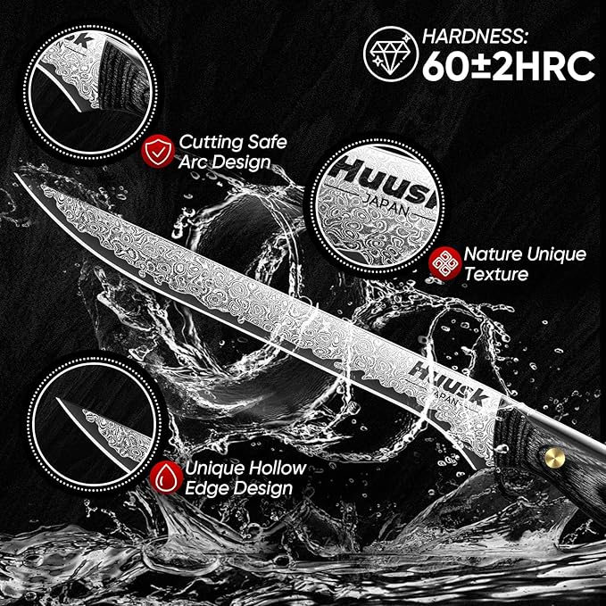 Huusk Damascus Boning Knife 8 inch, VG10 Brisket Trimming Knives for Meat Cutting, Flexible Fillet Knife, Butcher Knives, Kitchen Slicing Knives with Full Tang Handle, Birthday Dad Mom Gift