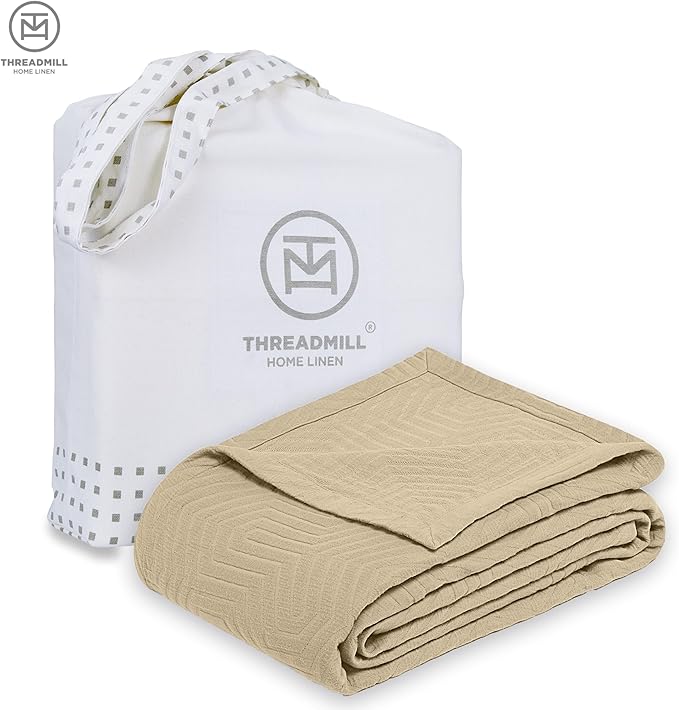 Threadmill Luxury Cotton Blankets for Twin Size Bed | All-Season 100% Cotton Twin Blanket for Bed | Aster Jacquard Lightweight, Soft & Cozy Coverlet, 350GSM, 68 x 90 inches | Beige