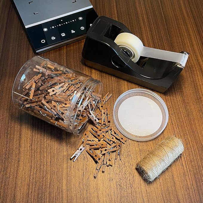 Mini Natural Wooden Clothespins with Jute Twine, 250pcs, 1 Inch Photo Paper Peg Pin Craft Clips with 66ft Natural Twine for Scrapbooking, Arts & Crafts, Hanging Photos (Rustic Brown)