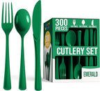 Party Solids Emerald Green Plastic Silverware Heavy Duty 300 Pcs Green Plastic Cutlery Sets, Utensil Sets, 100 Of Each Forks, Knives & Spoons Disposable Cutlery Set, Flatware Set For Party Supplies