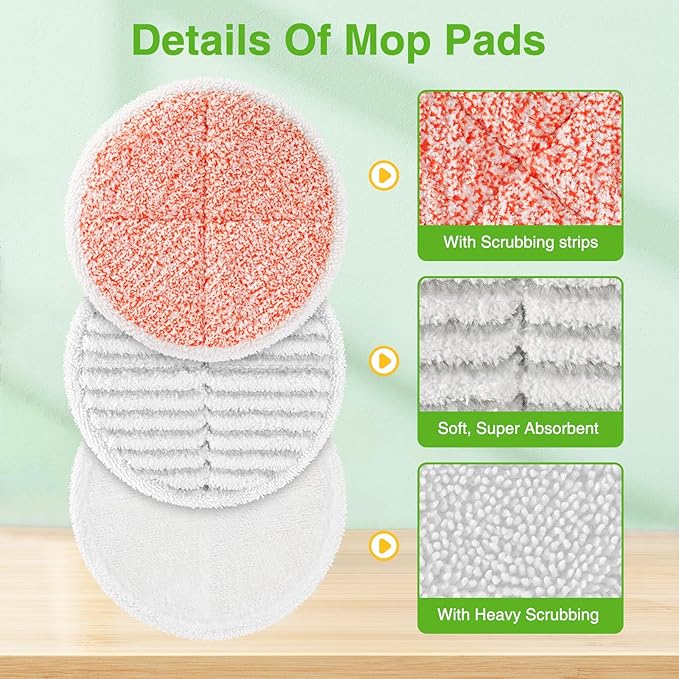 8 Pack Mop Pads Replacement Compatible with Bissell Spinwave 2124, 2039A, 2307, 23157, 23159, 20393, 20399 Hard Floor Spin Mop, 2 Soft Pads, 4 Scrubby Pads, 2 Heavy Scrub Pads