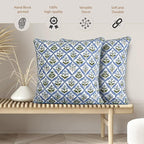 Ridhi Light Steel Blue Block Print Cotton Throw Pillow Covers for Decorative Couch Pillows for Living Room, Chic Boho Cute Outdoor Valentine Pillows Covers Gifts 16x16 Inches