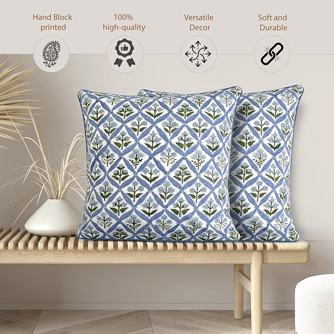 Ridhi Light Steel Blue Block Print Cotton Throw Pillow Covers for Decorative Couch Pillows for Living Room, Chic Boho Cute Outdoor Valentine Pillows Covers Gifts 16x16 Inches