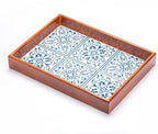 Rustic Wooden Frame Tray with Iron Printed Blue White Pattern, Mediterranean Style Decorative Serving Tray, Velvet Lined Base, Multi-Layer Construction for Home Decor and Organizing 15.6"x11.6"x2.2"