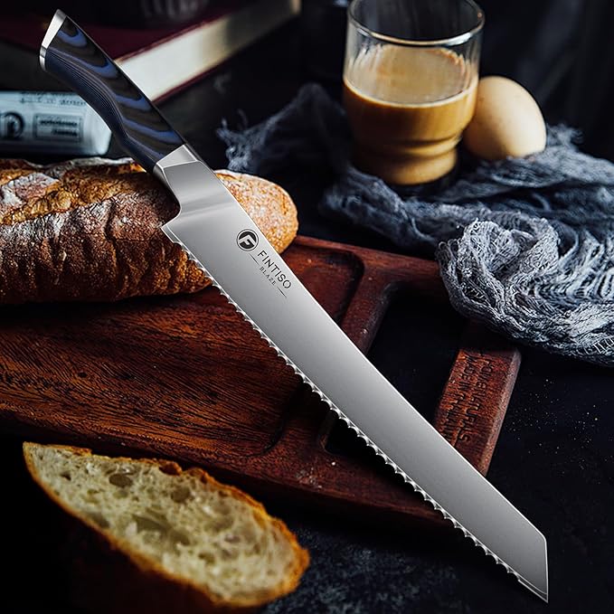 FINTISO Bread Knife 10 Inch, Serrated Bread Cutter with Razor Sharp Japanese High Carbon Stainless Steel Blade & G10 Ergonomic Handle, Wavy Edge Knife for Bread, Cake & Pastries, Ideal Baking Gift