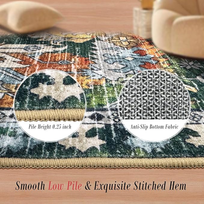 RUGSURE Washable Area Rugs - Perfect for Living Room, Bedroom, Kids Room, Nursery - Stain & Water Resistant Non-Slip, Pet & Child Friendly, Vintage Tribal Area Rugs (Green, 3' x 5 ')