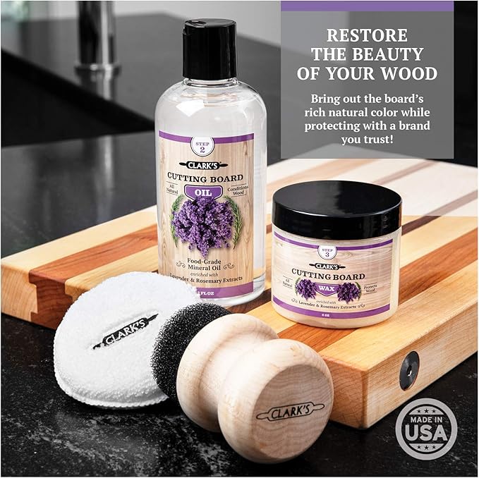 CLARK’S Cutting Board Oil and Wax Kit - Set includes Food Grade Mineral Oil (12oz), Finishing Wood Wax (6oz), Applicator Sponge & Buffing Pad, Enriched with Food Safe Lavender and Rosemary Extract