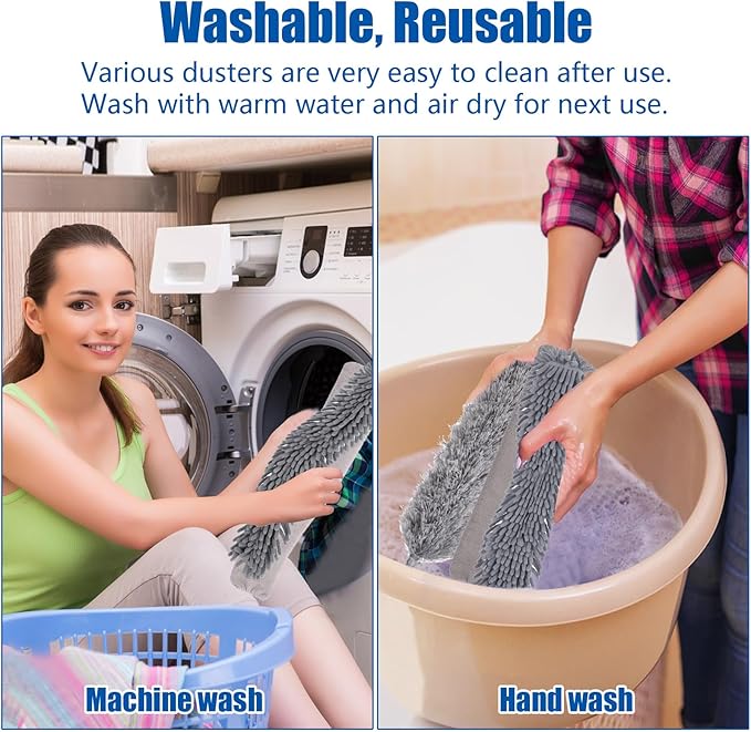 9PCS Dusters for Cleaning,Extendable Microfiber Duster with Extension Pole Up to 100'',Bendable Washable and Reusable Dusters Kit for Ceiling Fans, High Ceilings,Blinds,Furniture and Cars