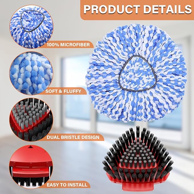 Spin Mop Head Replacement for O Cedar RinseClean 2-Tank System,2 Mop Replace Heads + 1 Upgrade Scrubber Brush, 100% Microfiber Mop Refills Deep Cleaning Machine Washable