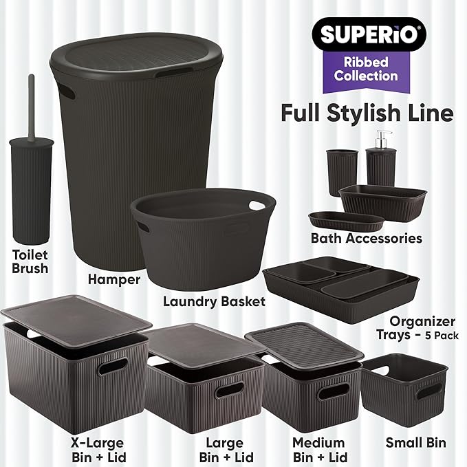 Superio Ribbed Collection - Decorative Plastic Toilet Bowl Brush and Holder Set, Brown (1 Pack) Cleaner Scrubber for Bathroom