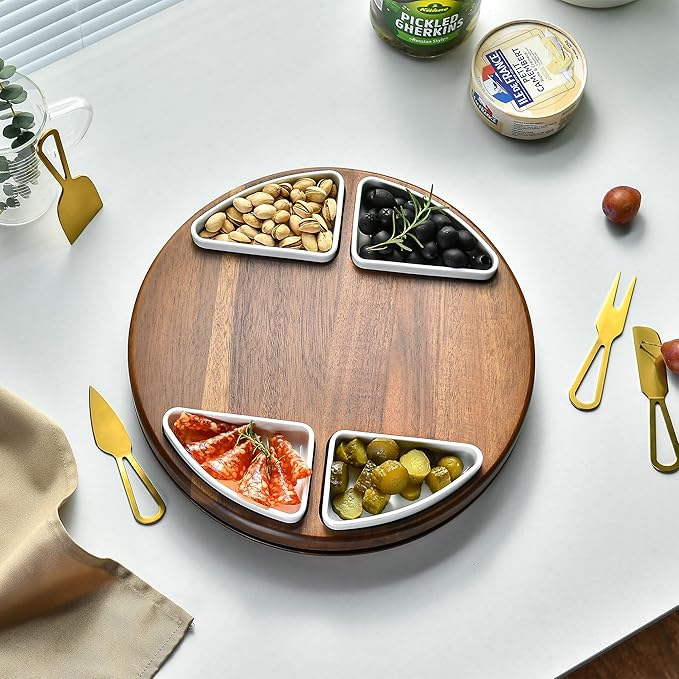 Shanik Upgraded Lazy Susan Cheese Cutting Board Set – Round Acacia Charcuterie Board with 4 Ceramic Bowls, Elegant Appetizer Tray Gift