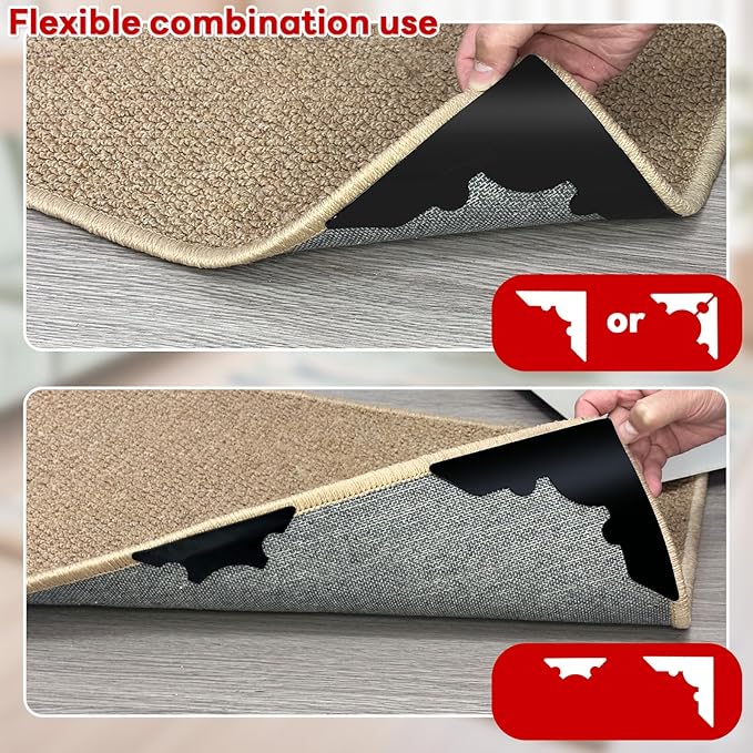 Rug Non Slip Grippers, Reusable Keep Rug Corner Down Tape Pads for Hardwood Floors, Strong Carpet Gripper for Area Rugs, No Damaging for Floor, 24Pcs