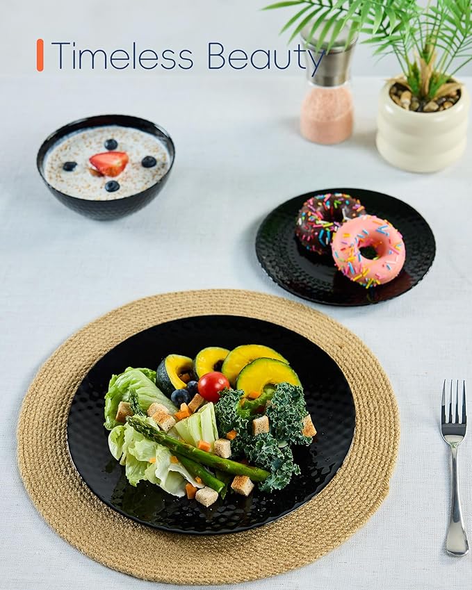 7.5 inch Salad Appetizer Plate Set of 6, Opal Glass Light and Durable Geometric Faceted Small Black Plates for Dessert, Kitchen, Dishwasher and Microwave Safe