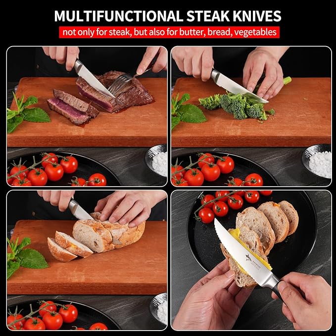 MAD SHARK Steak Knives Set of 4,Premium 12.6-inch Serrated Steak Knife Set,Ultra Sharp German High Carbon Stainless Steel Triple Rivet Collection 4-Piece Kitchen Steak Knife Set (STEAK KNIFE SET OF 4)