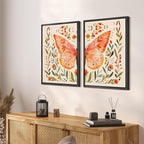 SIGNFORD Framed Canvas Print Wall Art Set Whimsical Butterfly and Florals Colorful Nature Illustration Modern Art Decorative Nordic Nature for Living Room, Bedroom, Office - 24"x36"x2 Black