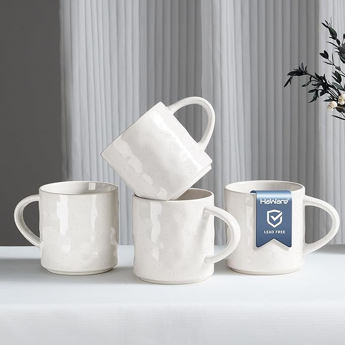 HaWare 14OZ Coffee Mugs Set of 4, Stoneware Coffee Cups with Handle, Latte Mug for Man, Woman, Dad, Mom, Modern Tea Mugs for Latte/Cappuccino/Cocoa/Milk, Dishwasher& Microwave Safe, Speckled White