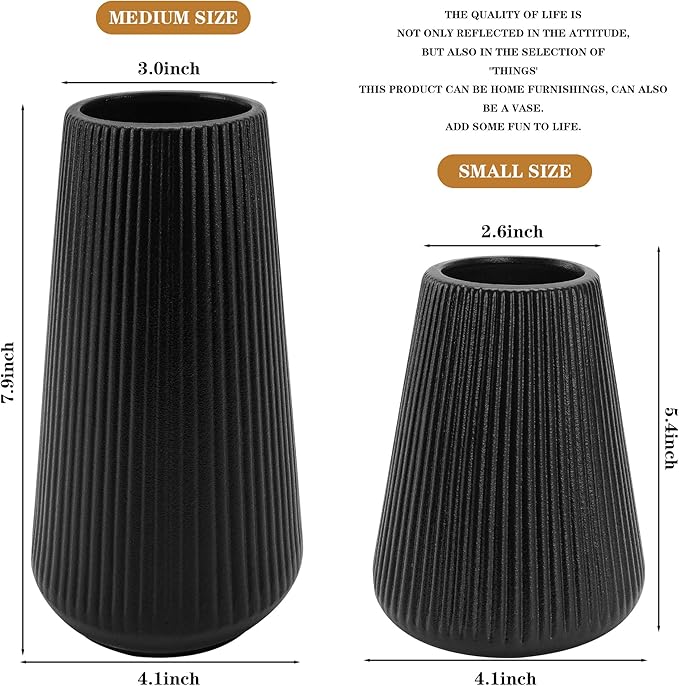 Black Ceramic Vase, GUKJOB Small Cute Flower Vase for Pampas Grass, Home, Living Room, Dining Table, Farmhouse, Office Decor, Bedroom, Table, and Kitchen Shelf (Black - 2Pcs)