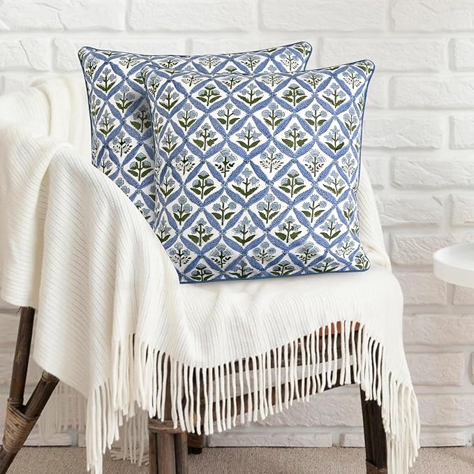 Ridhi Light Steel Blue Block Print Cotton Throw Pillow Covers for Decorative Couch Pillows for Living Room, Chic Boho Cute Outdoor Valentine Pillows Covers Gifts 16x16 Inches