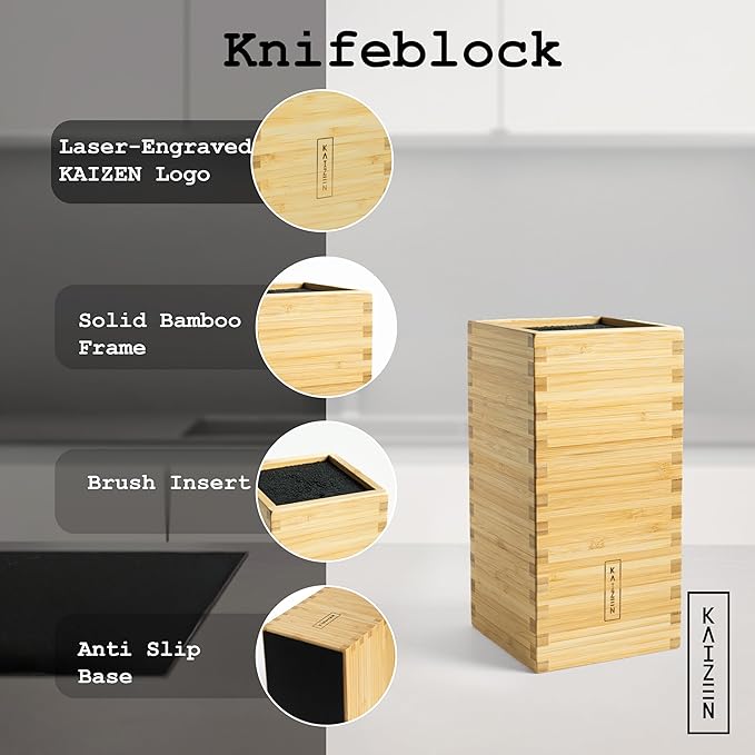 KAIZEN Bamboo Knife Block Without Knives - Perfectly Sized Universal Knife Holder for Knives, Scissors - Unique Knife Storage for Counter Top with Anti-Slip Base