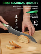8 inch Serrated Bread Knife, Japanese VG-10 Damascus Steel Kitchen Knife, Ultra Sharp Bread Cutting Knife with Full-tang Handle in Green Resin, LA-S9 Series