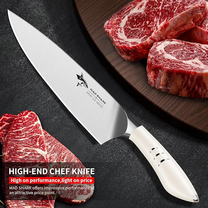 MAD SHARK Chef Knife 8 inch Kitchen Knife High Carbon Stainless Steel Sharp Chef's Knives with Ergonomic Handle, Cooking Knife with Gift Box, Birthday Gifts for Mom/Dad(White)