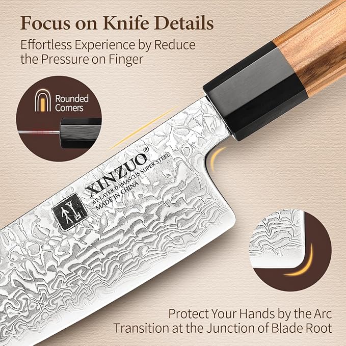 XINZUO 7.3 Inch Santoku Knife, Hand Forged 67 Layers Damascus Super Steel Chef Knife, Japanese Chopping Knife Ultra Sharp, Professional Kitchen Knife with Olive Wood Octagonal Handle