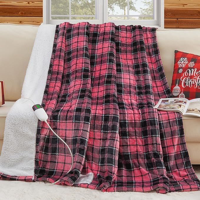 Pink Heated Blanket Electric Full Size,72X84 Heating Blanket with 10 Heats Levels&8 Hours Auto Off&Timer,Plaid Soft Sherpa Pink Blankets Warmer Gift for Grandma Women Adult,Fast Heating Washable,ETL